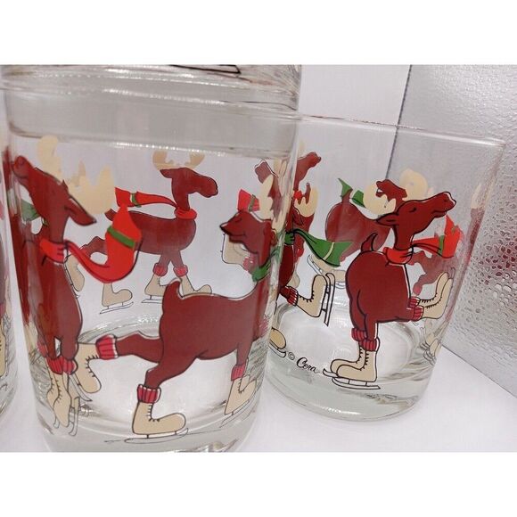 4 Vintage Cera Glasses / Tumblers Ice Skating Moose LowBall Eggnog Drinking Cups - Picture 7 of 13